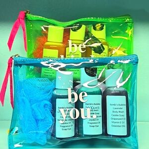 NEW! Hand Crafted FLORALS 3 Body Wash Set W/ Loofah,Towel Scrunchie, Pouch